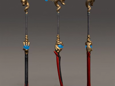 Three Decorative Weapons With Golden Dragon Design Blue Gemstones And Red Black Handles 3d model