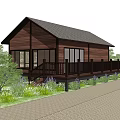 Wooden Gabled Roof Cabin With Large Windows Purple Flowers And Wooden Deck