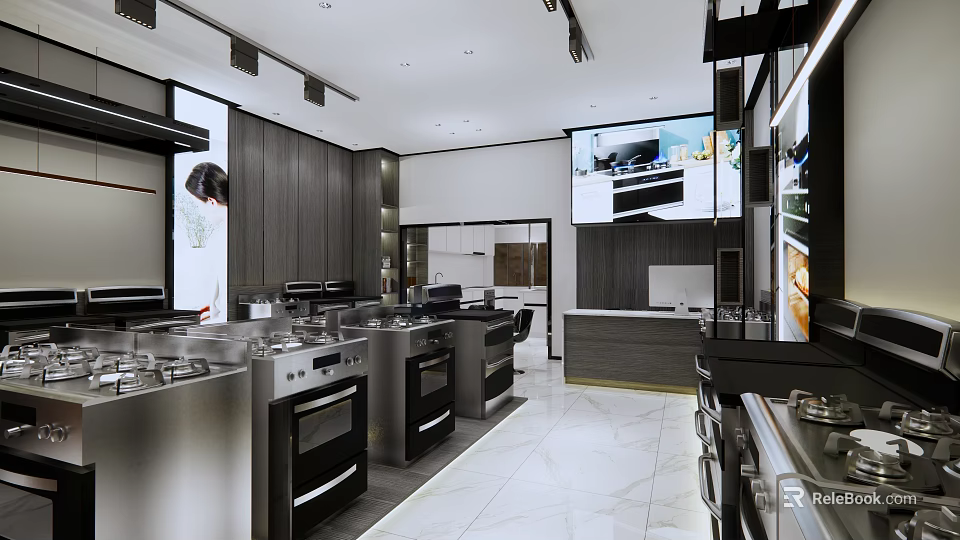 Modern Open Kitchen Interior Design With Stainless Steel Appliances Island And Cabinets 3d model 