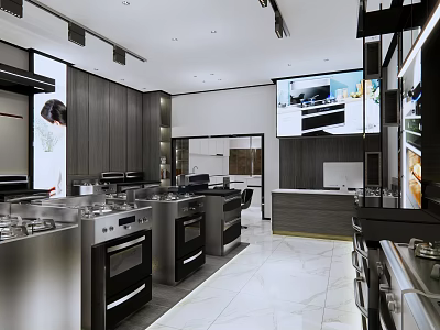 Modern Open Kitchen Interior Design With Stainless Steel Appliances Island And Cabinets 3d model