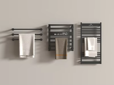 Modern Wall Mounted Bathroom Accessories With Black Towel Racks Shelves And Hanging Towels 3d model
