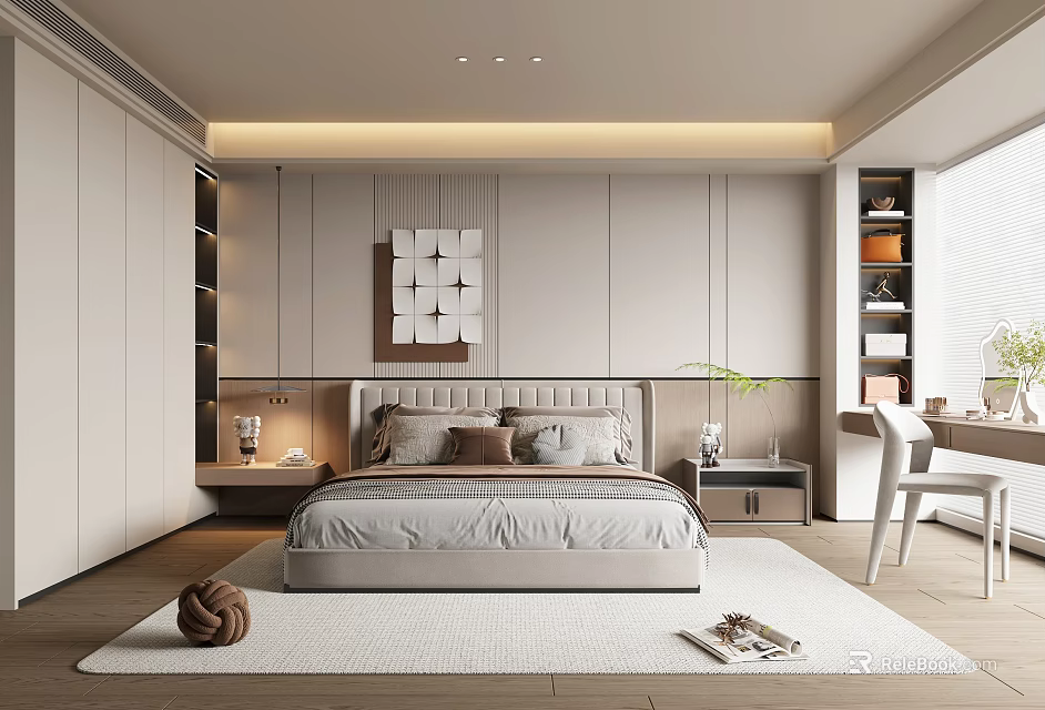 Modern Bedroom Interior Design With Upholstered Bed Geometric Artwork Nightstands Desk Chair And Soft Rug 3d model 