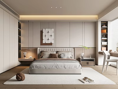 Modern Bedroom Interior Design With Upholstered Bed Geometric Artwork Nightstands Desk Chair And Soft Rug 3d model