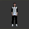 Young Man Standing In Casual Attire With Gray Vest Black Pants And White Shoes