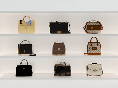 Various Stylish Bags Displayed On White Shelves With Different Colors And Designs 3d model