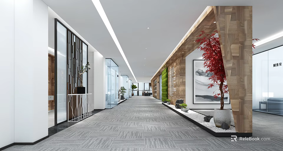 Spacious Modern Elevator Hallway With Glass Partitions Green Plants And Gray Carpet 3d model 