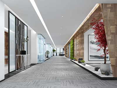 Spacious Modern Elevator Hallway With Glass Partitions Green Plants And Gray Carpet 3d model