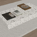 Modern Terrazzo Coffee Table On Light Ribbed Rug With Wooden Tray Book And Decorative Items