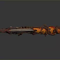 Decorative Battle Axe With Red Orange Handle Shiny Metal Blade And Intricate Carvings