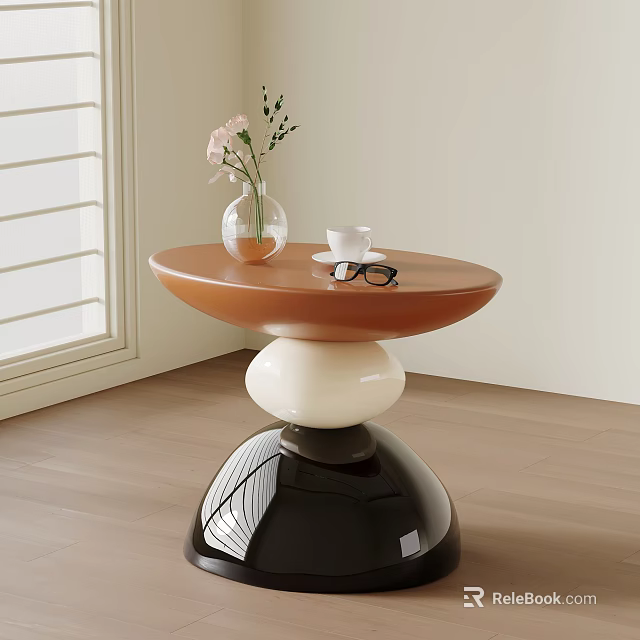 Modern Side Table with Brown Top White Black Base Vase Coffee Cup and Glasses 3d model 