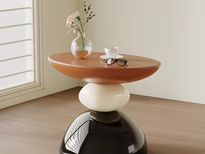 Modern Side Table with Brown Top White Black Base Vase Coffee Cup and Glasses 3d model