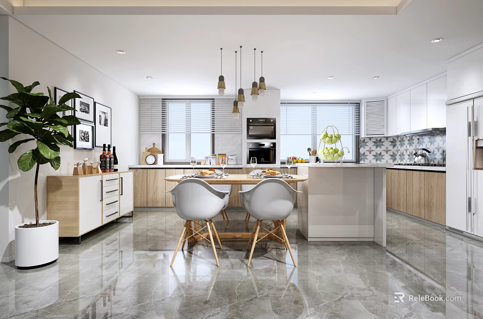 Modern Restaurant Open Kitchen Design With Marble Counter Island Wooden Cabinets And Hanging Lights 3d model 