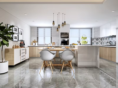 Modern Restaurant Open Kitchen Design With Marble Counter Island Wooden Cabinets And Hanging Lights 3d model