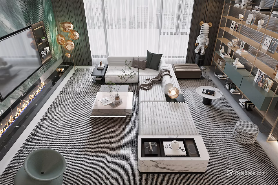 Elegant Modern Living and Dining Room Interior With Open Layout Sofa Marble Coffee Table 3d model 