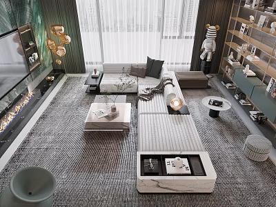 Elegant Modern Living and Dining Room Interior With Open Layout Sofa Marble Coffee Table 3d model