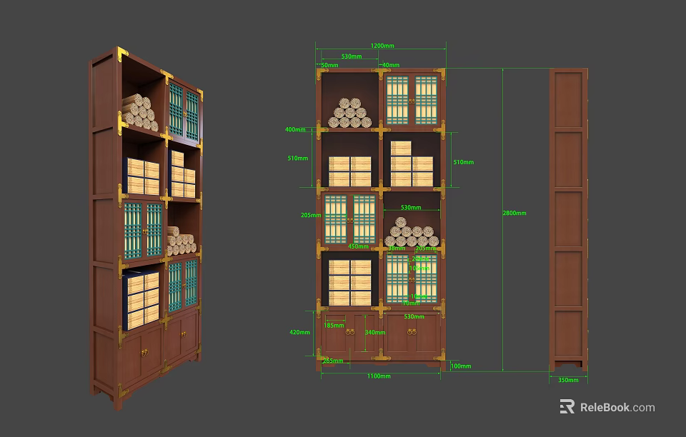 Brown Multi Tiered Bookshelf Design With Dimension Labels And Stacked Items 3d model 