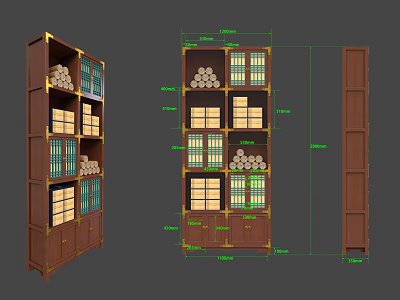 Brown Multi Tiered Bookshelf Design With Dimension Labels And Stacked Items 3d model