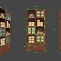 Brown Multi Tiered Bookshelf Design With Dimension Labels And Stacked Items