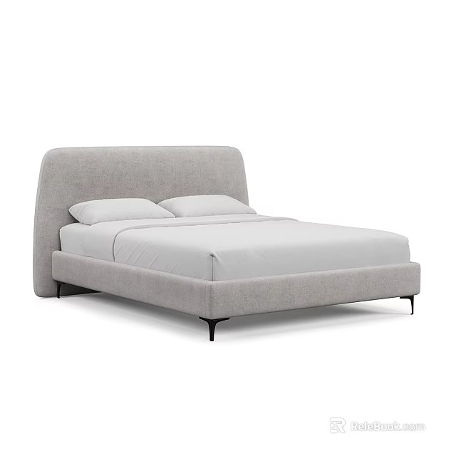 Modern Double Bed With Upholstered Gray Headboard White Mattress And Black Legs 3d model 