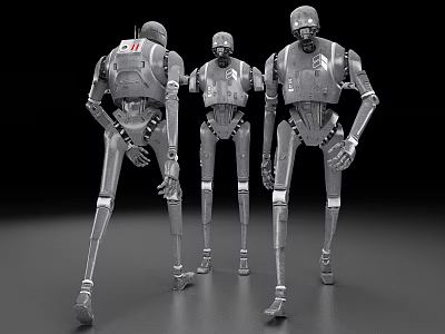 Metallic Sci Fi Robots In Various Standing Poses On Dark Background 3d model