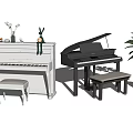 White Upright And Black Grand Pianos With Stool Plant Vase For Room Decor