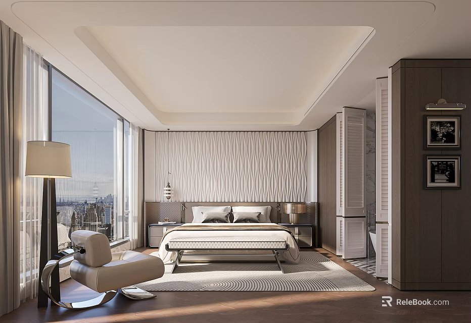 Modern Hotel Guest Room With Large Windows City View Comfortable Bed And Armchair 3d model 
