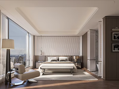 Modern Hotel Guest Room With Large Windows City View Comfortable Bed And Armchair 3d model