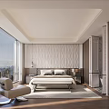 Modern Hotel Guest Room With Large Windows City View Comfortable Bed And Armchair