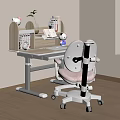 Kids Adjustable Desk with Bookshelf Stuffed Toy Books and Pink Comfortable Chair