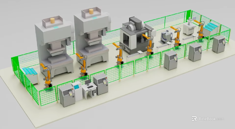 Industrial Equipment Automated Production Line With Robotic Arms And Safety Fencing 3d model 