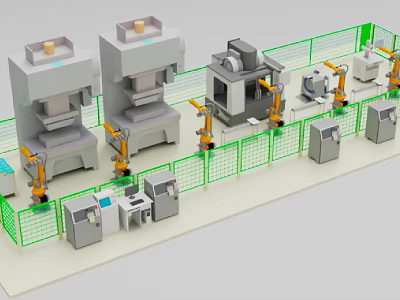Industrial Equipment Automated Production Line With Robotic Arms And Safety Fencing 3d model