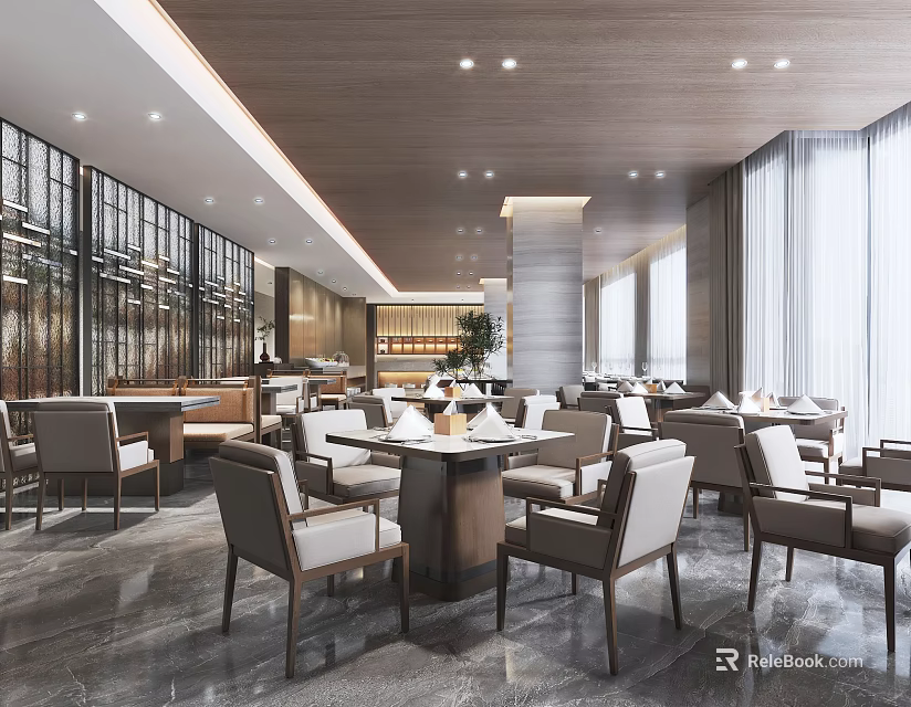 Modern Luxury Open Restaurant With Marble Floor Wooden Tables Chairs Chandeliers And Large Windows 3d model 