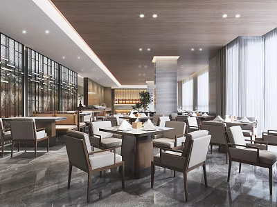 Modern Luxury Open Restaurant With Marble Floor Wooden Tables Chairs Chandeliers And Large Windows 3d model