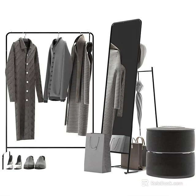 Modern Clothing Display With Hanging Coats Striped Clothes Mirror And Bags 3d model 