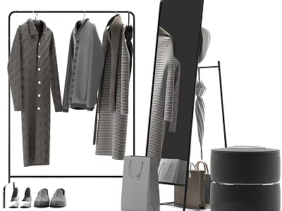 Modern Clothing Display With Hanging Coats Striped Clothes Mirror And Bags 3d model