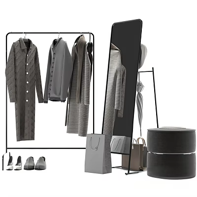 Modern Clothing Display With Hanging Coats Striped Clothes Mirror And Bags 3d model