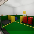 Man Standing At Hazardous Storage Facility With Open Roller Door Red Drums And Warning Signs