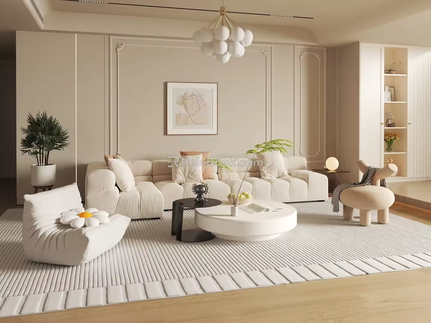 Modern Cream Style Living Room Sofa Coffee Table Combination Lazy Sofa Stool Hanging Picture Green Plant Side Table Chandelier Modern Cream Style Living Room Sofa Coffee Table Combination 3d model