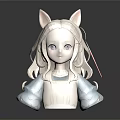 3D Model of Cat Ears Girl with Long Curly Hair and Blue Outfit
