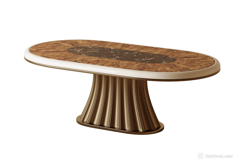 Elegant Luxury Oval Dining Table With Burl Wood Top Marble Inlay And Fluted Brass Pedestal 3d model 