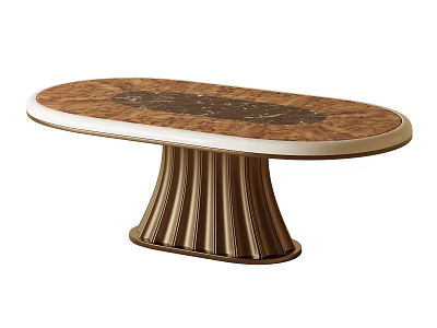 Elegant Luxury Oval Dining Table With Burl Wood Top Marble Inlay And Fluted Brass Pedestal 3d model