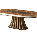 Elegant Luxury Oval Dining Table With Burl Wood Top Marble Inlay And Fluted Brass Pedestal