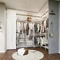 Modern Closet Interior Design With Hanging Clothes White Shelves Round Rug And Plants