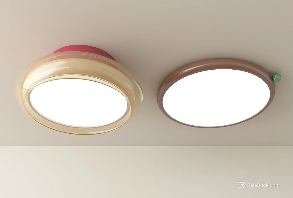 Two Red Beige and Brown Round Flush Mount Ceiling Lights with White Illumination on Ceiling 3d model