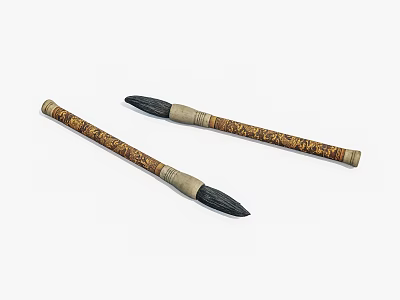 Two Traditional Chinese Calligraphy Brushes with Carved Golden Patterns on Elegant Bamboo Handles 3d model