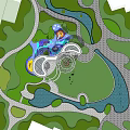 Garden Landscape With Winding Pathways Water Features Lush Trees Green Lawns And Artistic Structures
