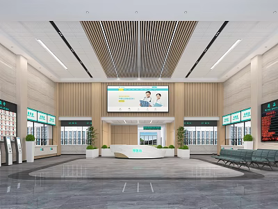 Modern Hall Interior Design With Service Desk Large Screen Green Plants Comfortable Seats And Gates 3d model