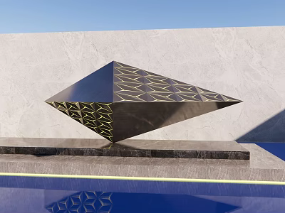 Geometric Landscape Sculpture With Golden Patterns Gray Wall Background And Blue Pool Reflection 3d model