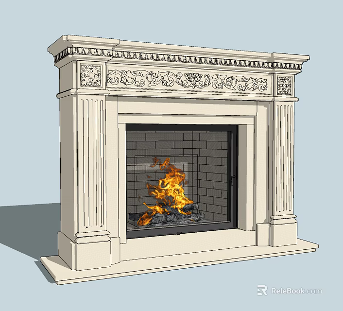 Classical Fireplace With Intricate Carved Stone Mantel And Burning Fire Inside 3d model
