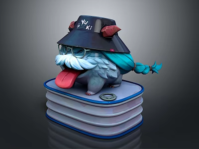 Cartoon Creature With NYX Hat Tongue Out White Mustache And Blue Tail On Stacked Books 3d model